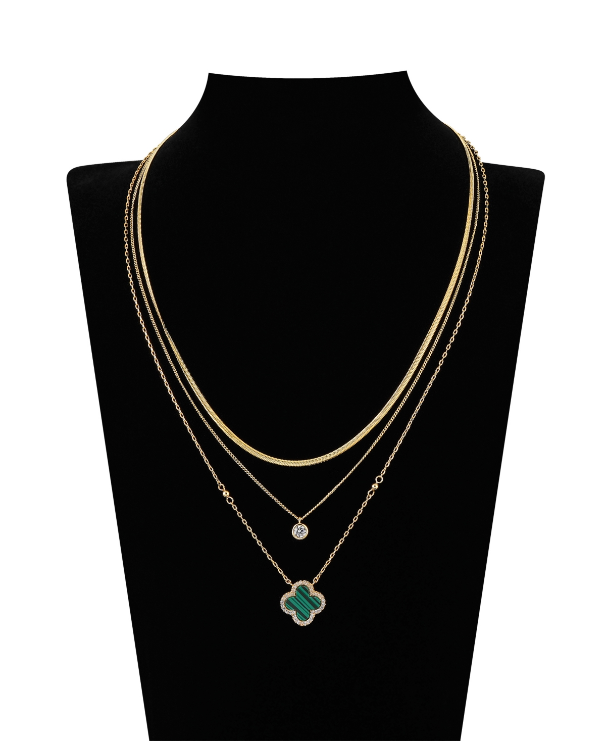 Unwritten Malachite Clover And Cubic Zirconia Bezel Layered Necklace Set In Gold