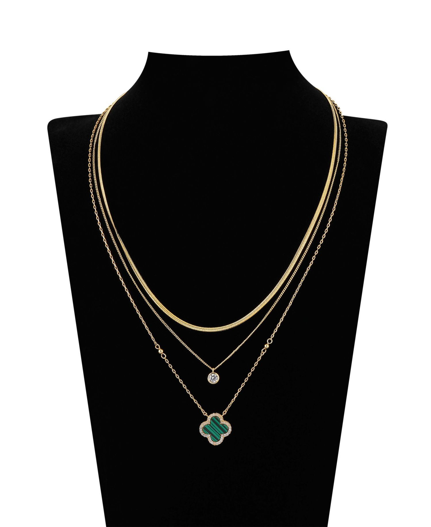 Malachite Clover and Cubic Zirconia Bezel Layered Necklace Set