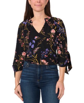 Sam & Jess - Petite Printed 3/4-Tie-Cuff-Sleeve Top