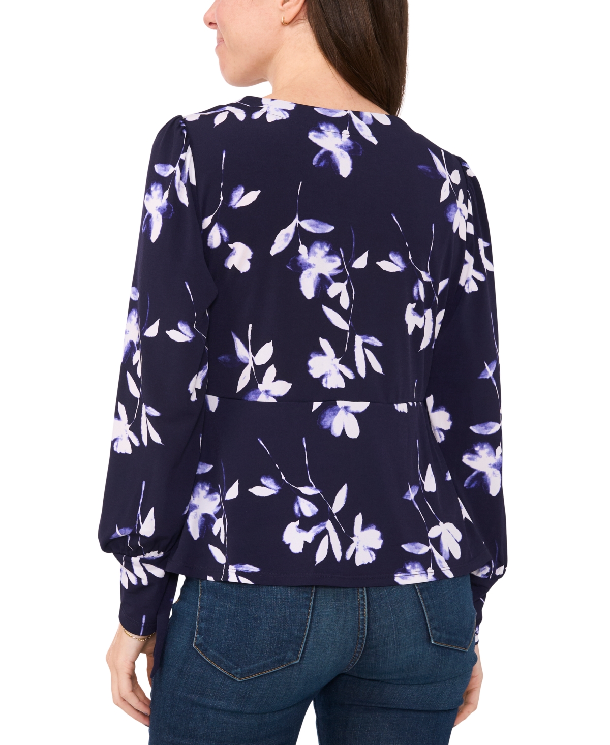 SAM & JESS PETITE PRINTED FAUX-WRAP LONG-SLEEVE TOP 