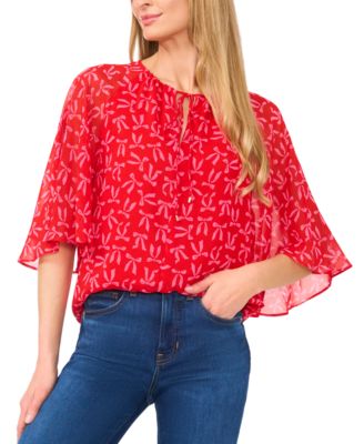 CeCe - Women's Printed Tie-Neck Raglan-Sleeve Top