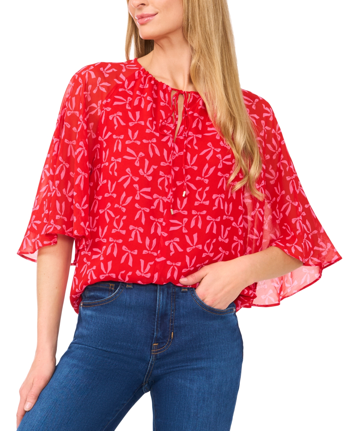 CECE WOMEN'S BOW-PRINT TIE-NECK RAGLAN-SLEEVE TOP 