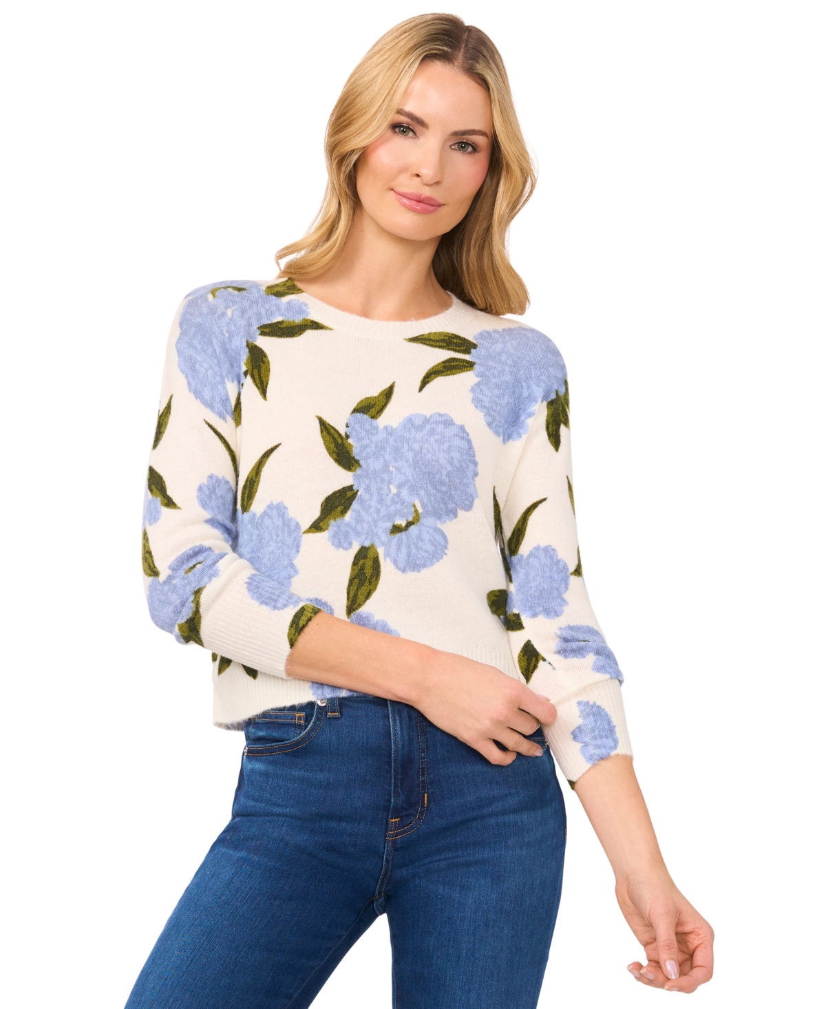 CeCe Women's Long-Sleeve Floral Crewneck Sweater