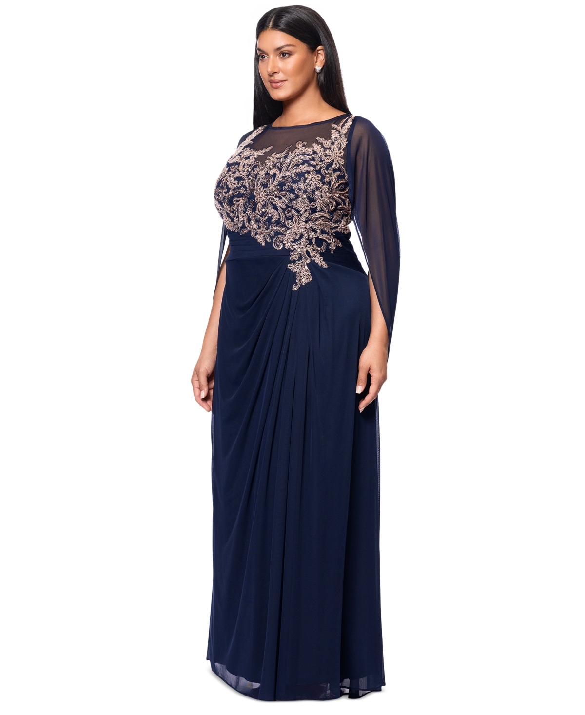 Betsy & Adam Plus Size Floral-applique Cape-sleeve Gown In Navy,rose
