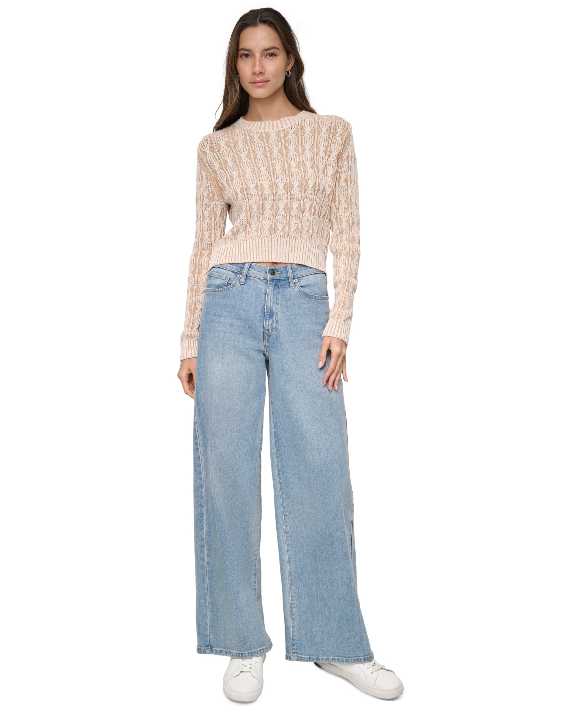 DKNY JEANS WOMEN'S LONG-SLEEVE COTTON CABLE-KNIT CREWNECK SWEATER 
