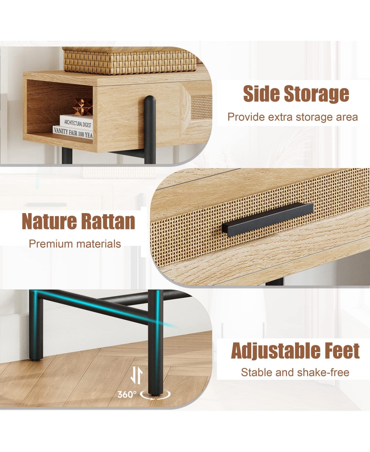 gaomon Console Table Rattan Sofa Tables Narrow Entryway Table with Drawer and Storage -pastel Brown