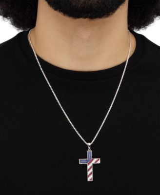 Men's Lab Grown Multi-Gemstone (2-1/2 ct. t./w.) Flag Cross 22" Pendant Necklace in Sterling Silver