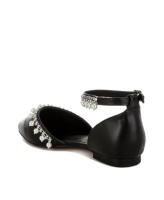 Aouva Rhinestone & Pearl Ankle Strap Flat Sandals