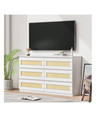 1Pc MDF 6-Drawer Rattan Anti-Tip Wide Storage Dresser Cabinet