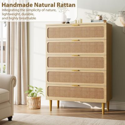 5 Drawer Dresser for Bedroom, Rattan Chest of Drawers with Deep Drawers
