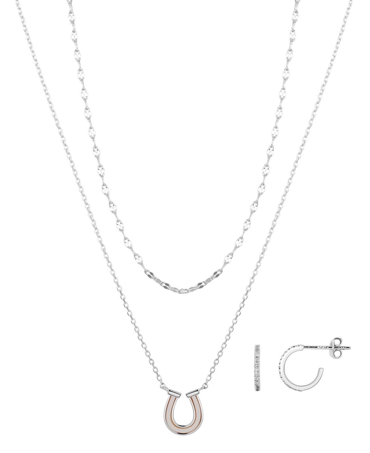 Mother of Pearl Horseshoe Layered Necklace and Cubic Zirconia Hoop Earring Set - Silver