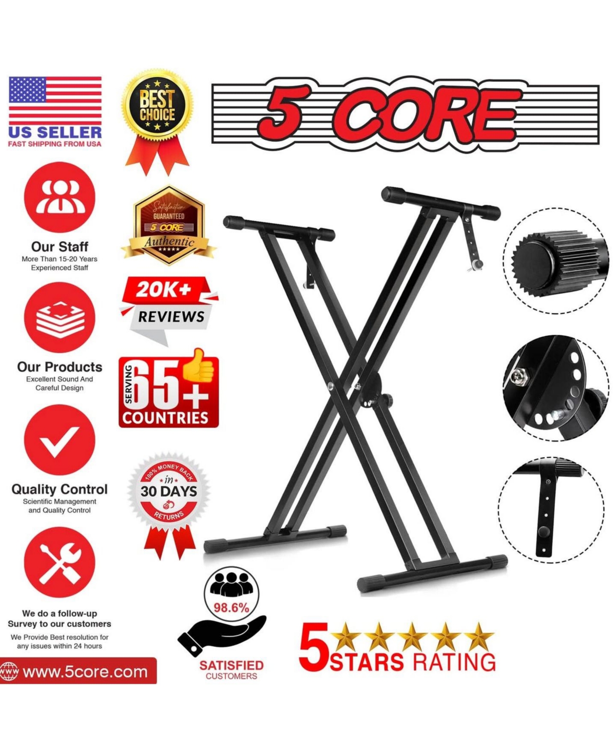 5 Core Piano Stand Double Braced Adjustable Keyboard Stands Metal X Style On Stage Keyboard Seat Durable & Sturdy Easy To Assemble - Ks Blk