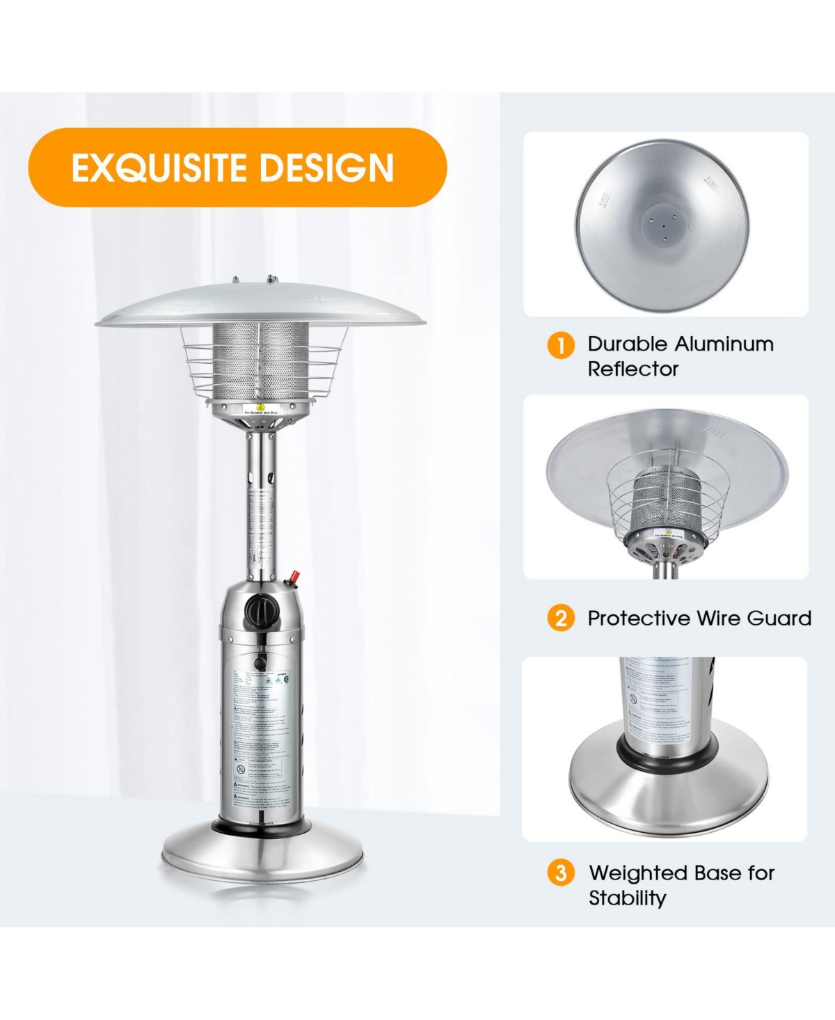 Sugift 11 000BTU Portable Tabletop Patio Stainless Steel Standing Propane Heater