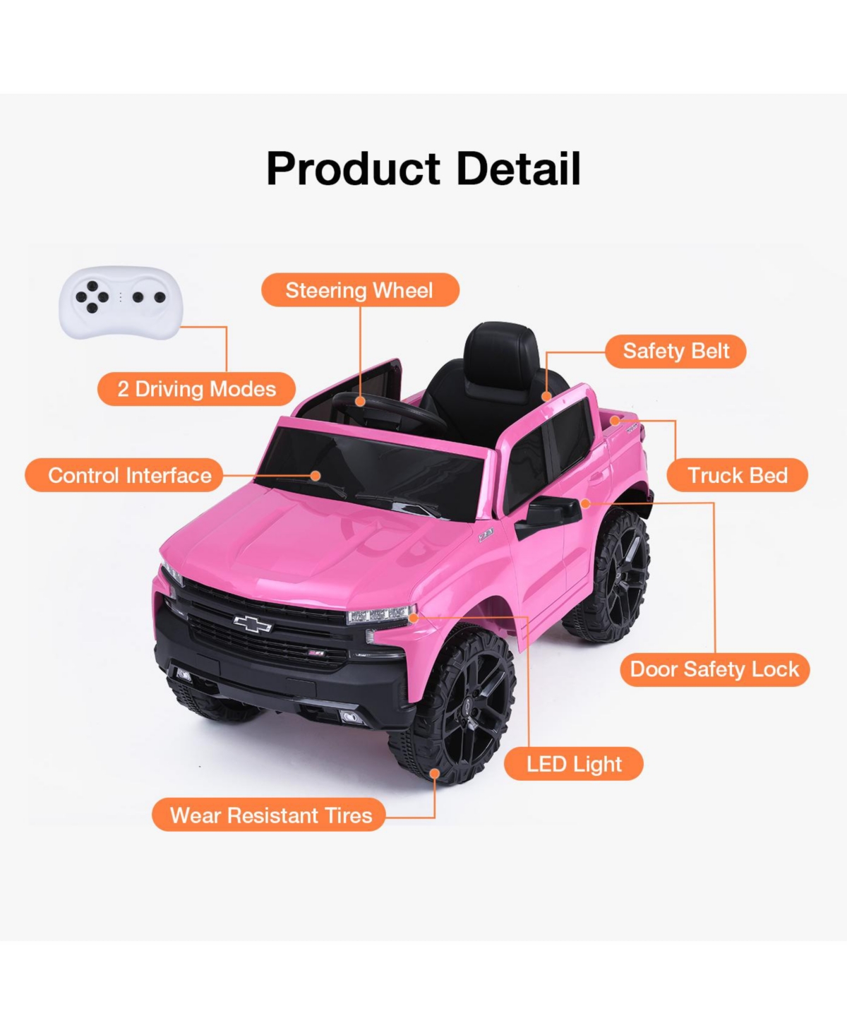 Funtok Licensed Chevrolet 12V Kids Boys and Girls Electric Ride on Truck Car Electric Vehicle with Parents Remote Control, 2 Speeds, 4 Wheels, Led Lig