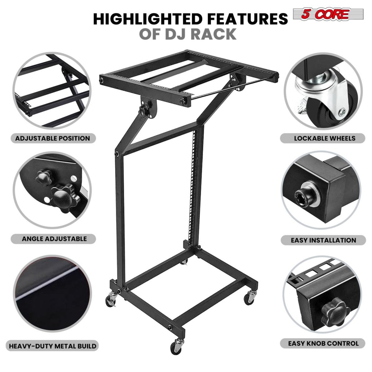 5 Core Dj Mixer Stand 12U Adjustable Rack Mount Rolling Stage Cart Pro Audio Studio Equipment for Homes Offices Stage Music Studios w Wheels - Rack St