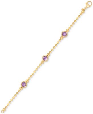 Amethyst Station Bead Link Bracelet in 14k Gold-Plated Onyx, & Sky Blue Topaz)
