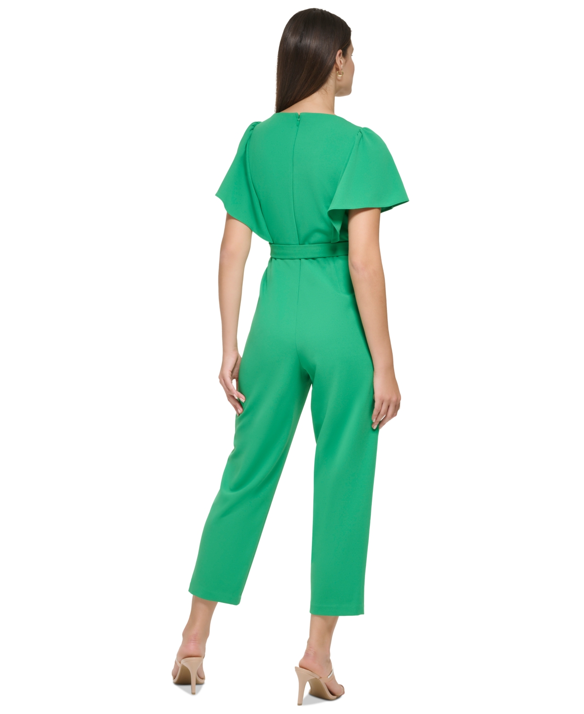 Shop Dkny Women's Cropped Flutter-sleeve Belted Jumpsuit In Apple Green