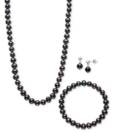 3-Pc. Set Dyed Peacock Black Cultured Freshwater Baroque Pearl (6-7mm) Necklace, Bracelet & Drop Earrings in Sterling Silver - 