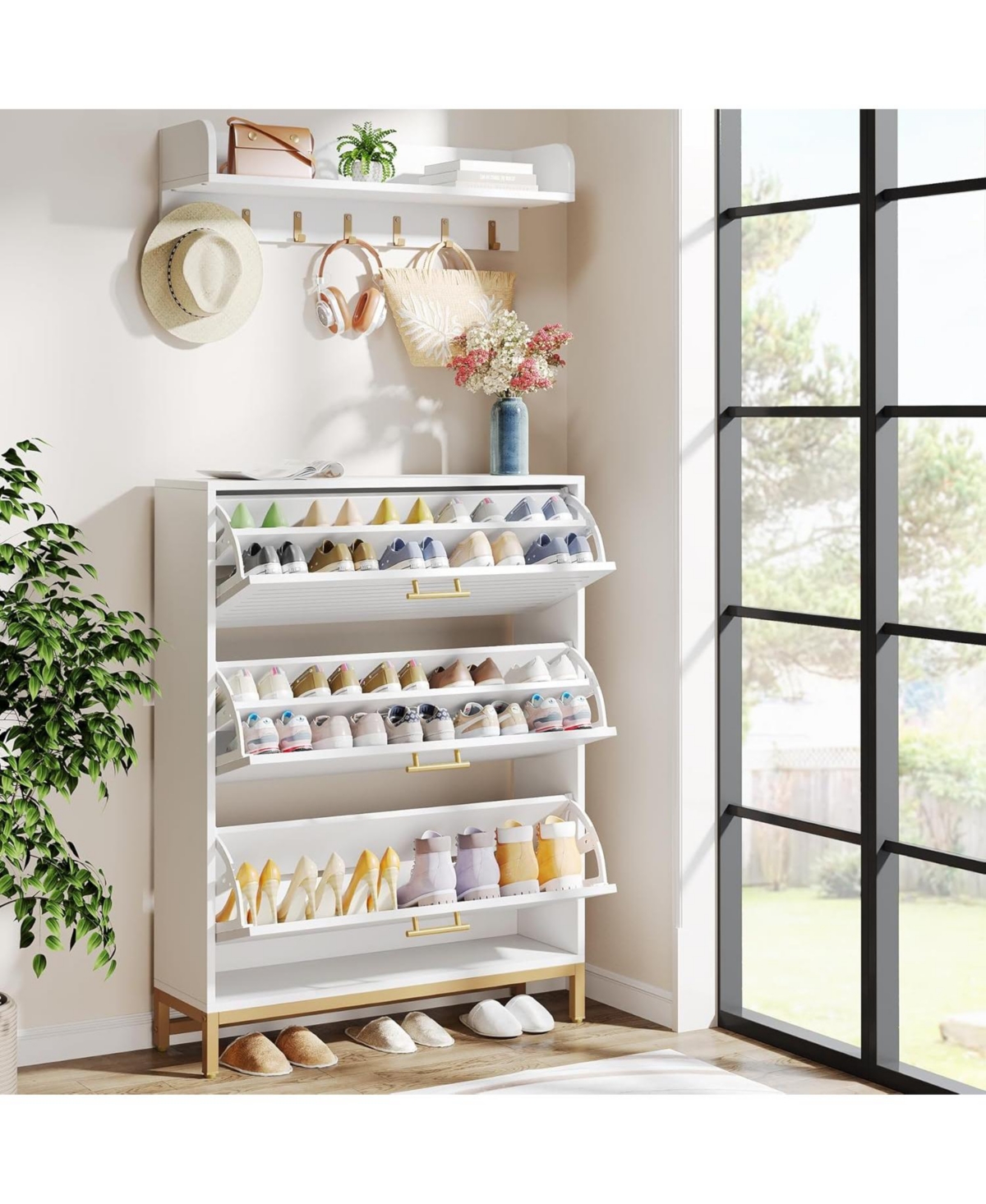 Tribesigns Modern Shoe Storage Cabinet with Wall Mount Coat Rack, Entryway Shoe Organizer Cabinet with 3 Flip Drawers, Narrow Shoe Cabinet for Hallway