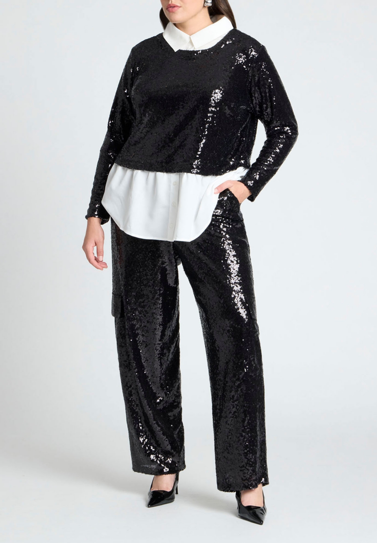 Eloquii Plus Size Collared Sequin Twofer - Black and white