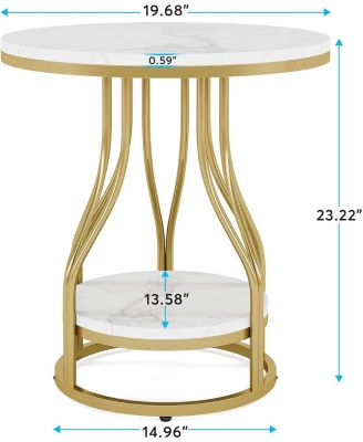 Round Side Table White Gold End Table 2-Tier End Table Modern Bedside Table Small Side Table with Storage for Couch Side, Sofa Side Table with Metal Frame for Living Room