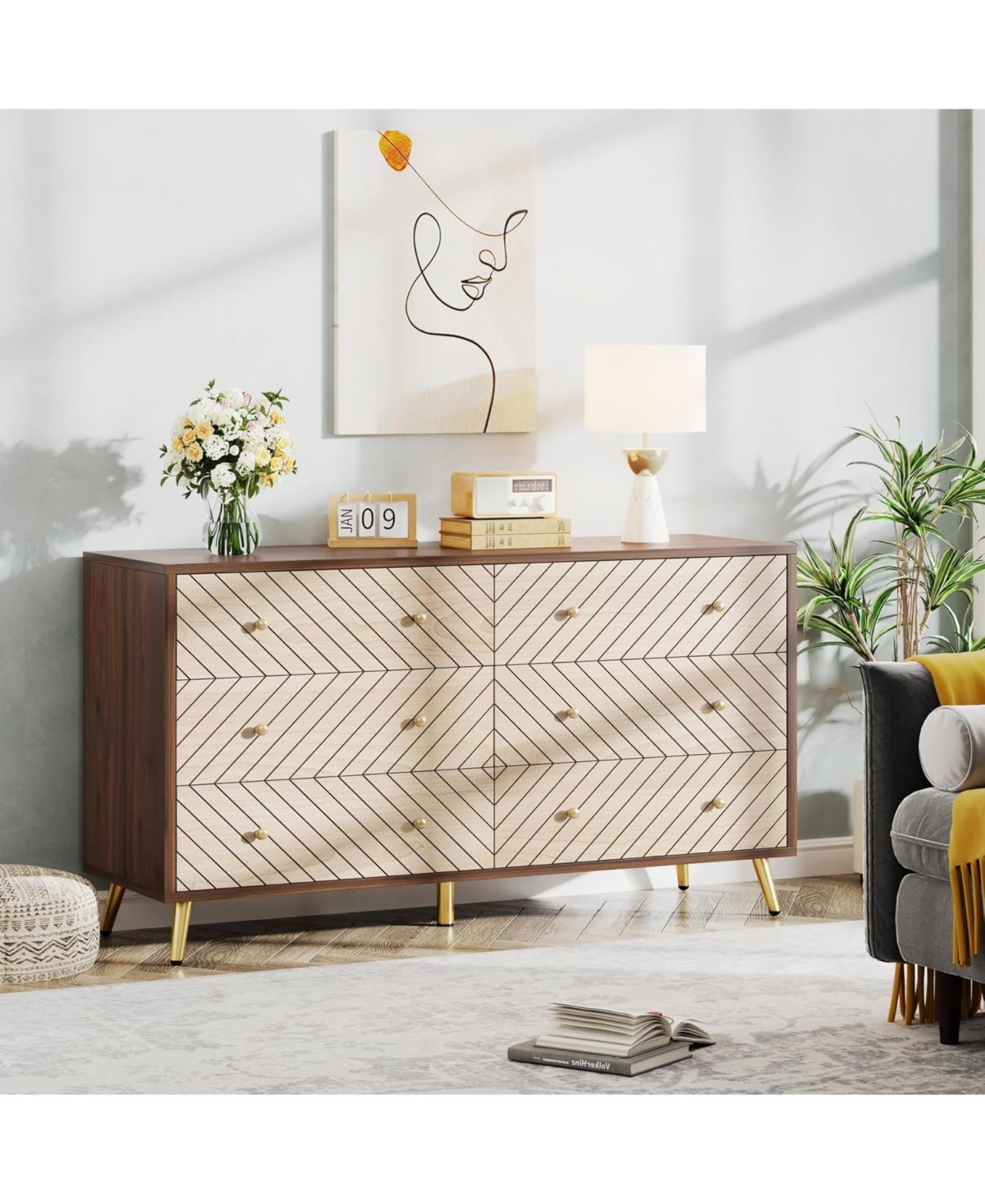 Tribesigns 47-inch Dresser For Bedroom With 6 Drawers, Double Wide Chest Of Drawers With Gold Legs, Wood And Me In Dark Brown+natural