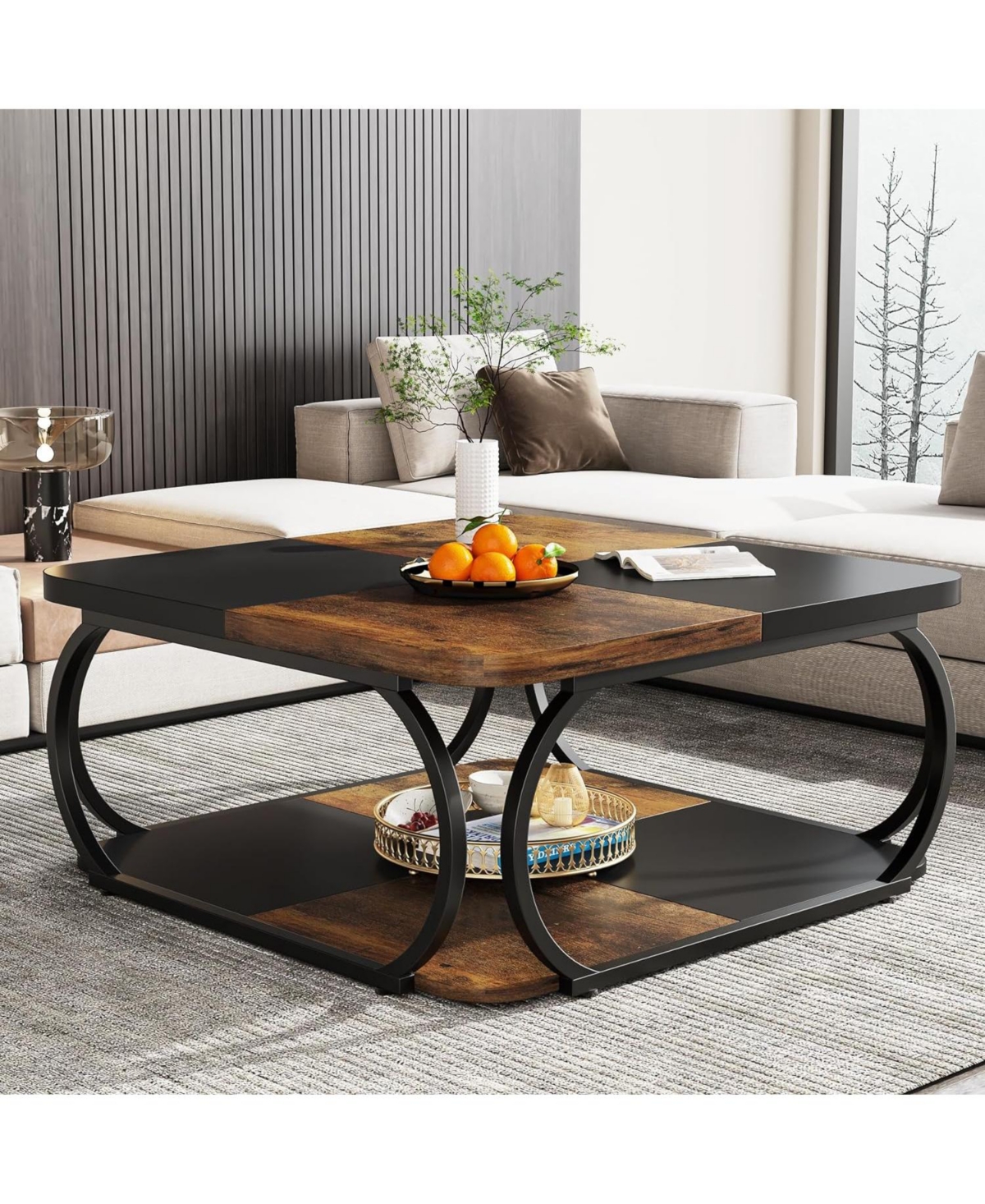Tribesigns Coffee Table With Open Storage Shelf For Living Room, 39 Inch Large Wood Center Table Square Low Cof In Rustic Brown  Black