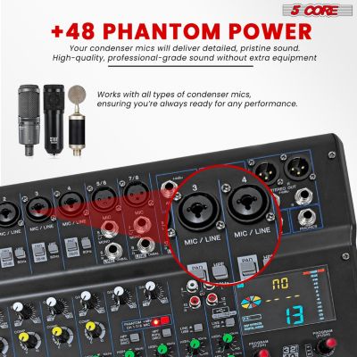Audio DJ Mixer 12 Channel Sound Board Console w 99 DSP Effect 48V Phantom Power
