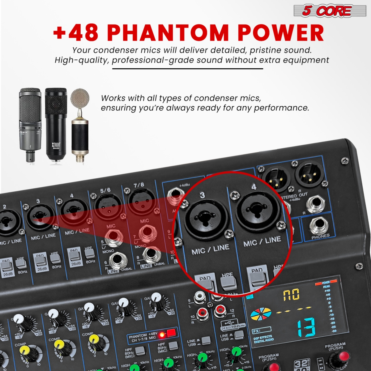5 Core Audio Dj Mixer 12 Channel Sound Board Console w 99 Dsp Effect 48V Phantom Power
