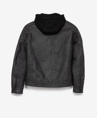 Boys Lined Moto PU Leather Jacket With Removable Hood
