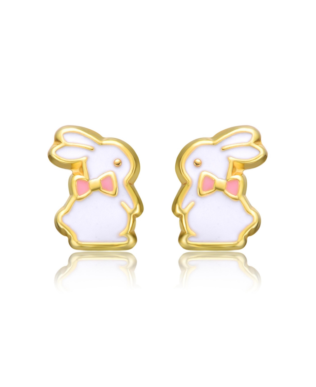 GiGiGirl Sterling Silver 14K Gold PlatedEnamel & Pink Bow Tie Bunny Rabbit Stud Earrings - White