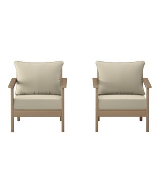 Outdoor Modern HDPE Patio Weathered Wood Club Chairs with Deep Seat Cushions (Set of 2)