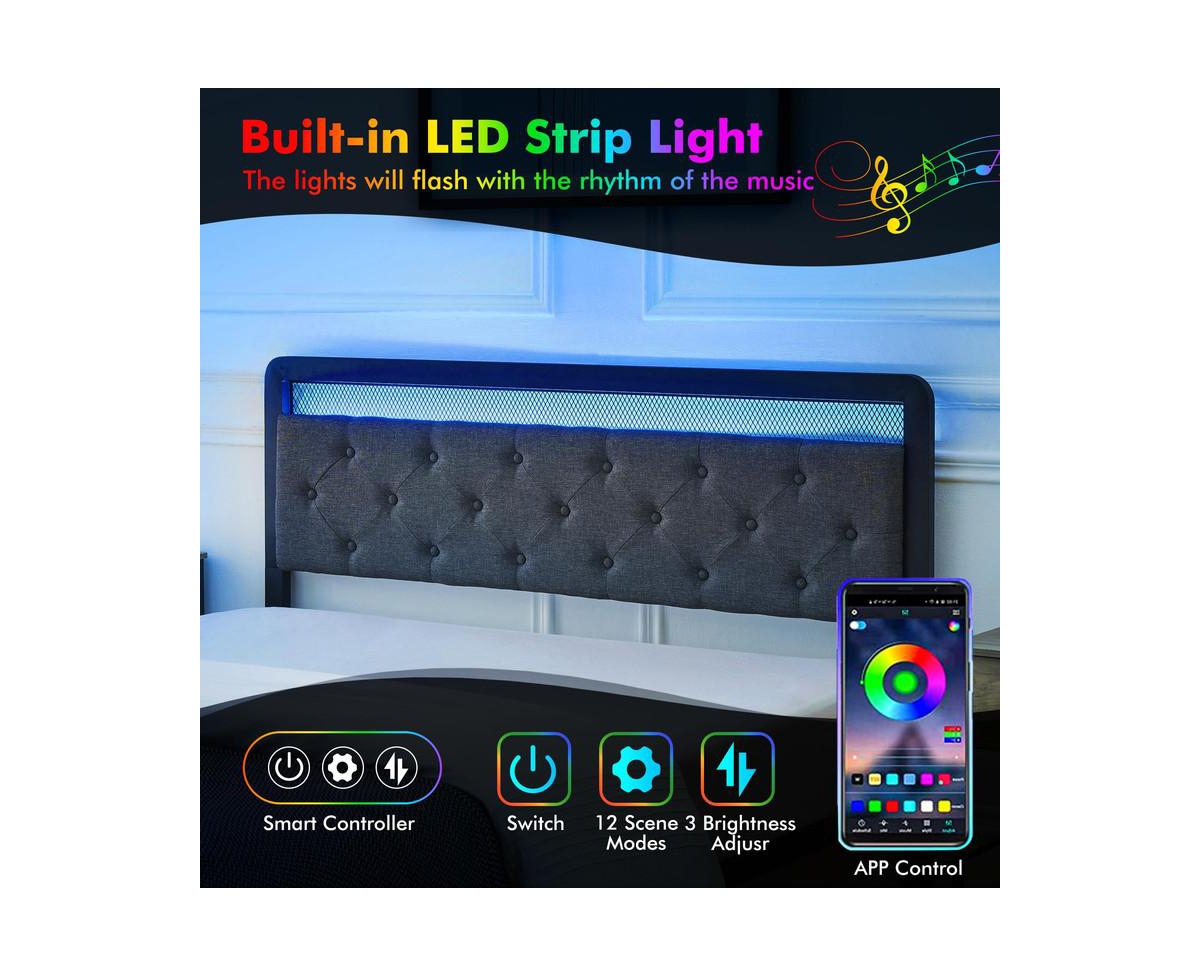 gaomon Bed Frame with Led Lights Headboard, Upholstered Bed with Headboard and 2 Storage Drawers, Strong Metal Slats Support, Easy Assembly, No