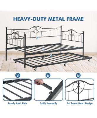 Twin Daybed with Trundle, Modern Pull Out Day Bed Frame with Vintage Headboard, Metal Daybed with Sturdy Slat Support,for Small Spaces, Kids Room, Living Room, Guest Room