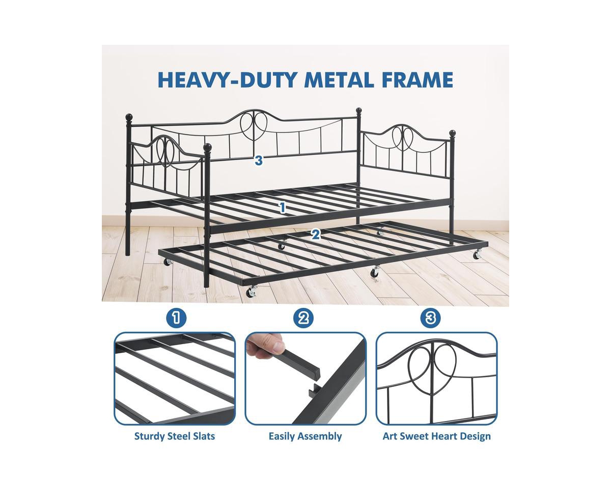 gaomon Daybed with Trundle, Modern Pull Out Day Bed Frame with Vintage Headboard, Metal Daybed with Sturdy Slat Support,for Small Spaces, Kids Ro