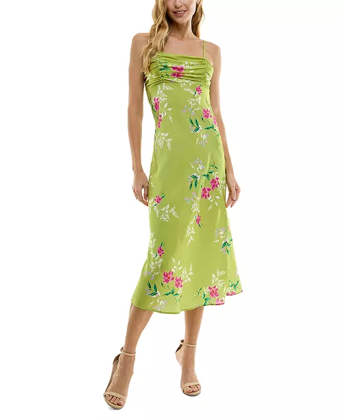 juniors' floral-print ruched midi dress