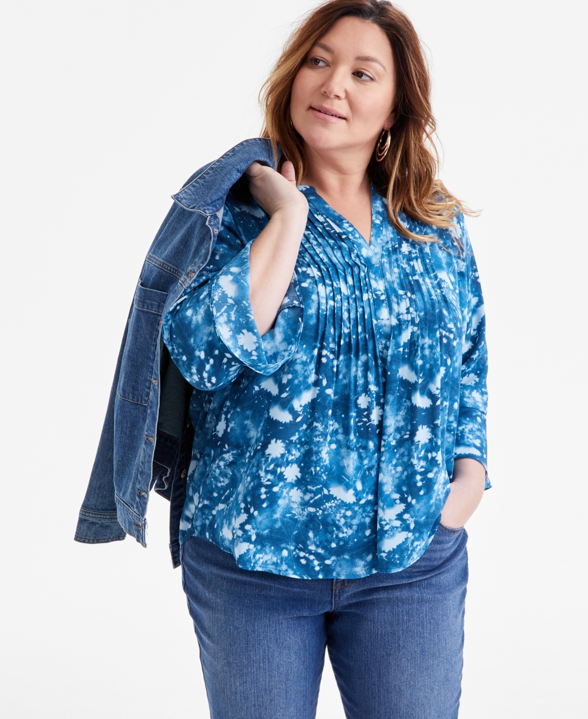 Macy's Plus Size Printed Pintuck Blouse, Exclusively At  In Sun Ocean