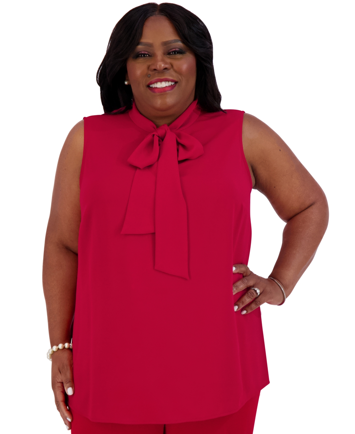 Women's Sleeveless High-Neck Bow Blouse Regular & Plus - Crimson