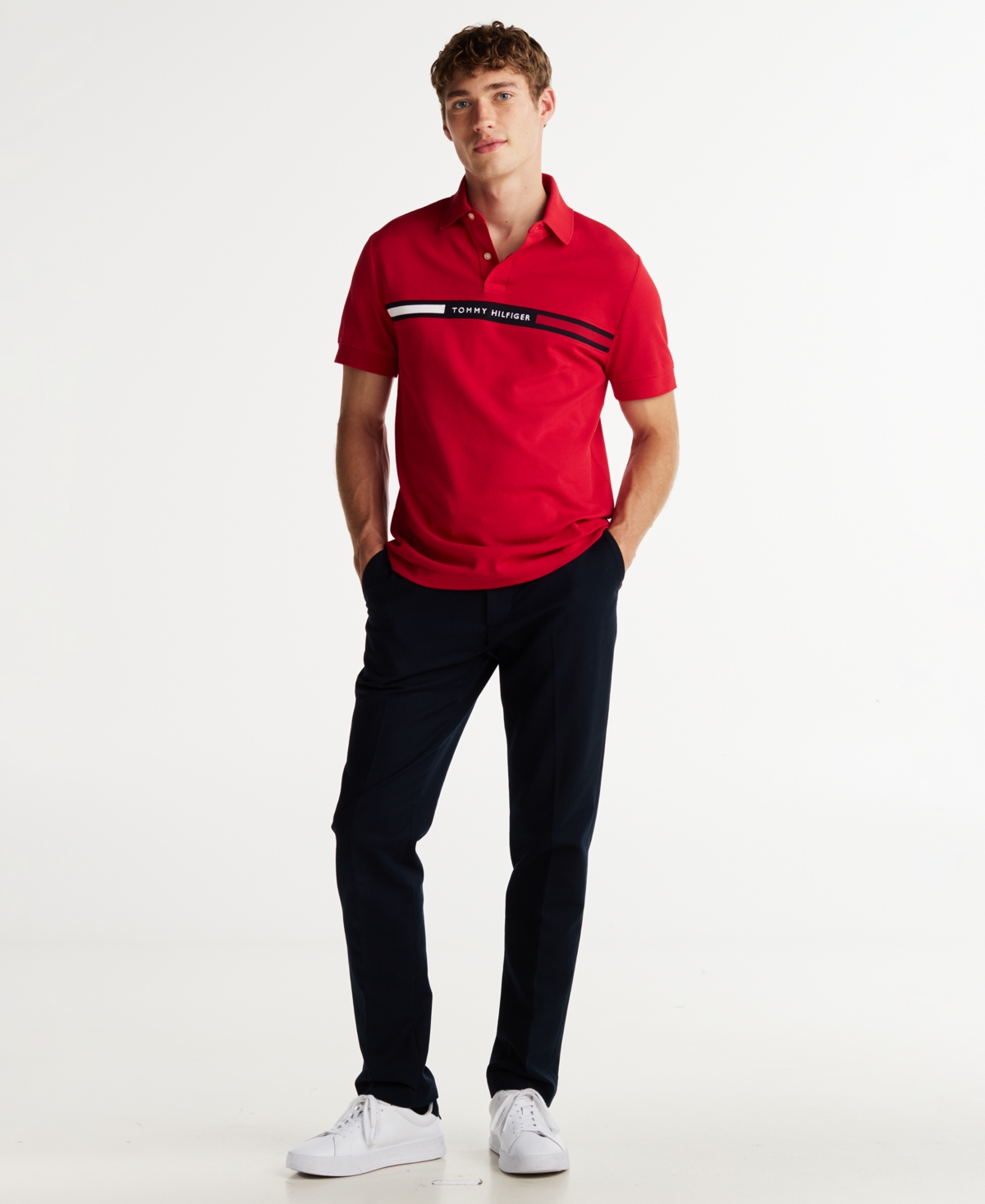 Shop Tommy Hilfiger Men's Big & Tall Short Sleeve Embroidered Chest Stripe Polo Shirt In Medium Red
