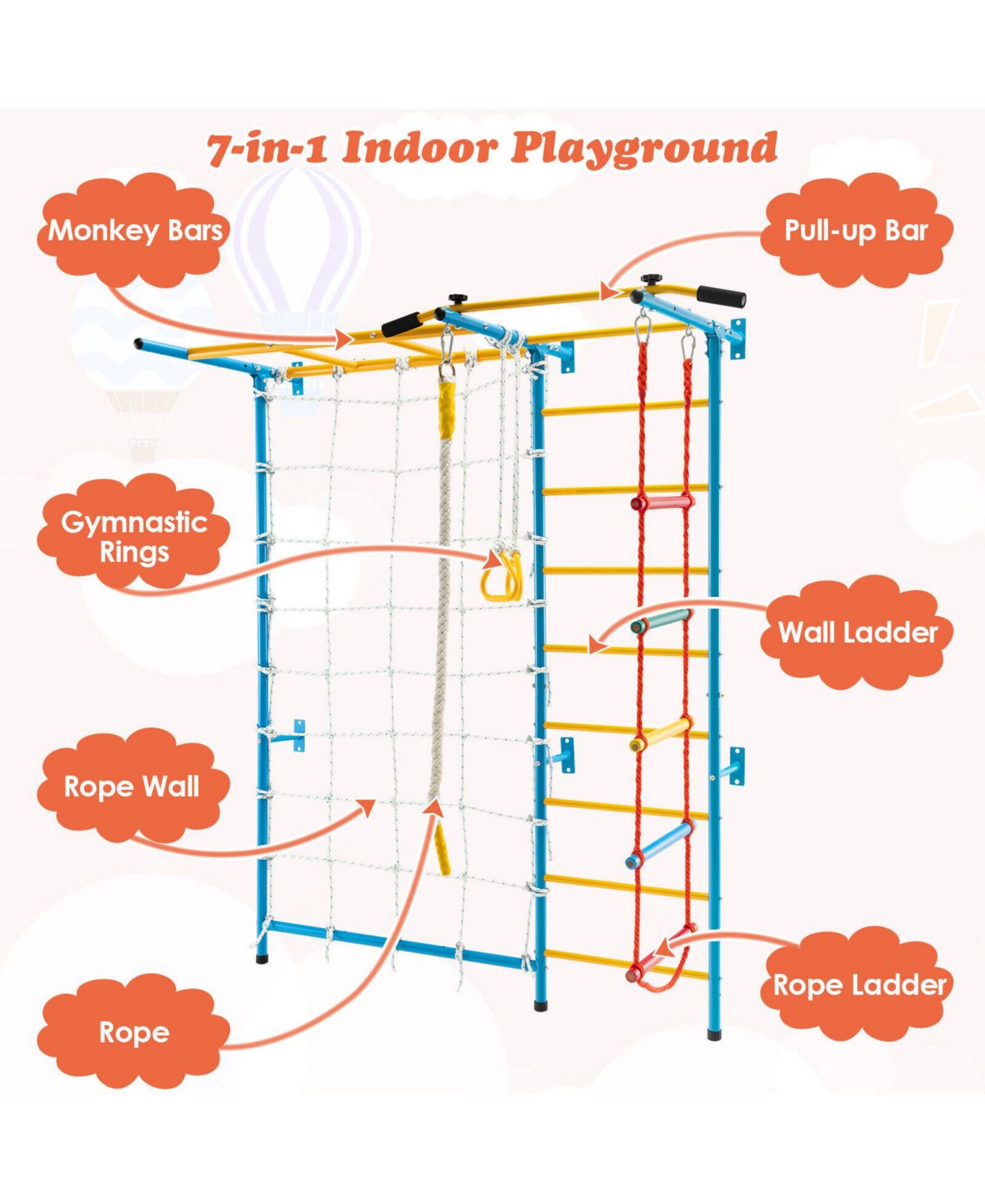 Детские игрушки GOUUN 7-In-1 Swedish Wall Ladder Carbon Steel Indoor Gym Playground Set, Ages 3+ — фото 8