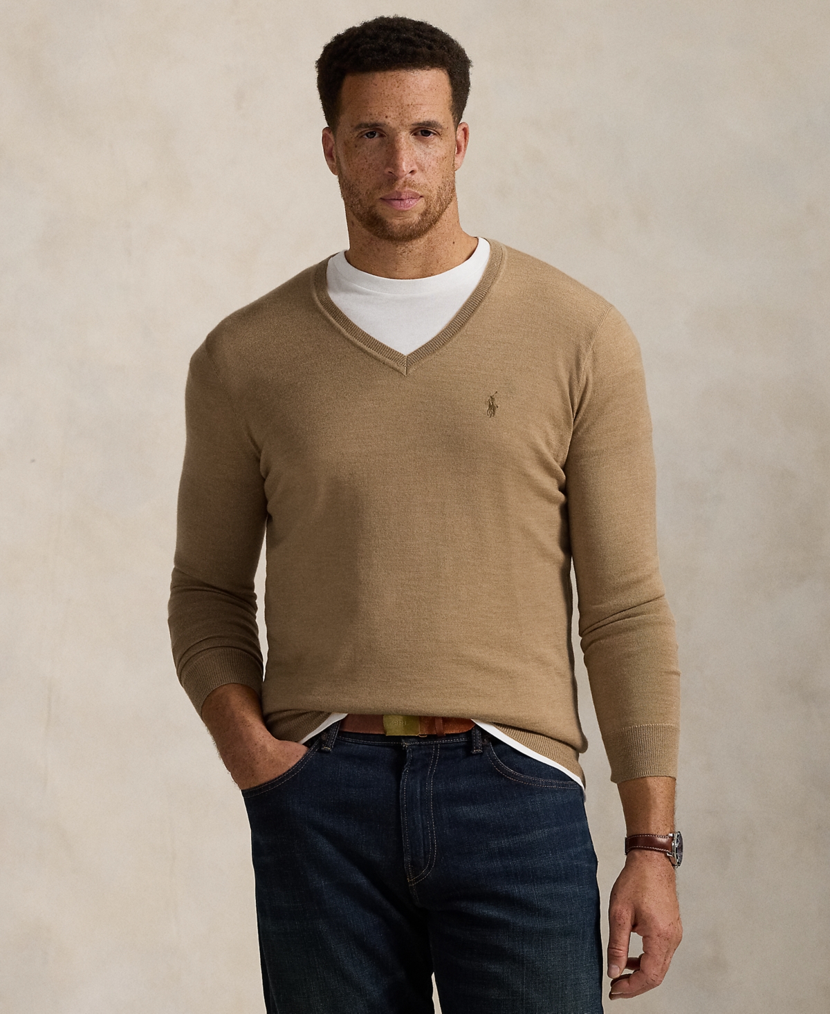 Men's Big & Tall Washable Wool V-Neck Sweater - Camel Melange