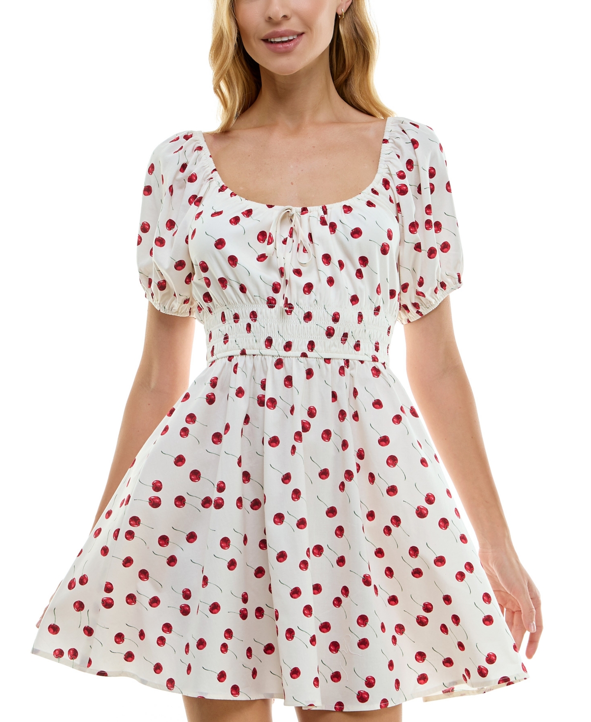 Juniors' Printed Smocked-Waist Dress - White