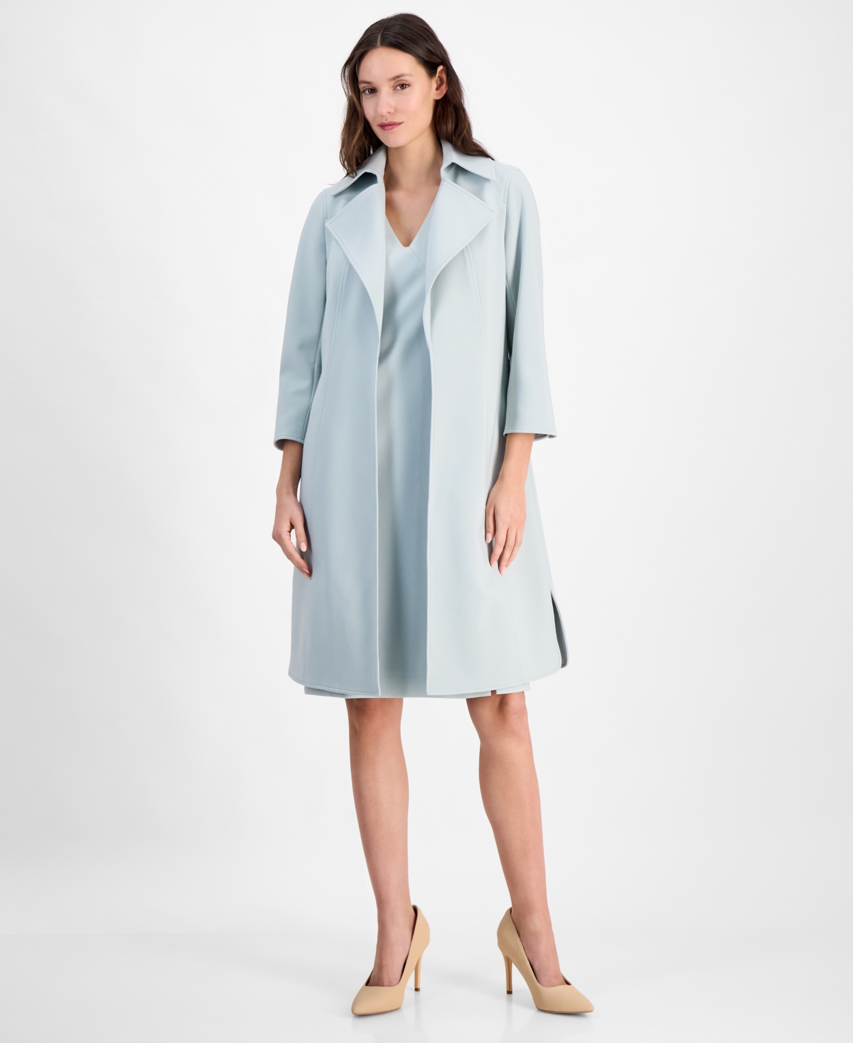Anne Klein Womens Sleeveless V Neck Slit Hem Dress Stretch Wide Collar Open Front Long Jacket In Soft Aloe