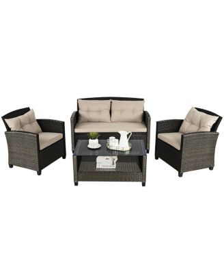4 Pieces Outdoor Rattan Furniture Set with Glass Table