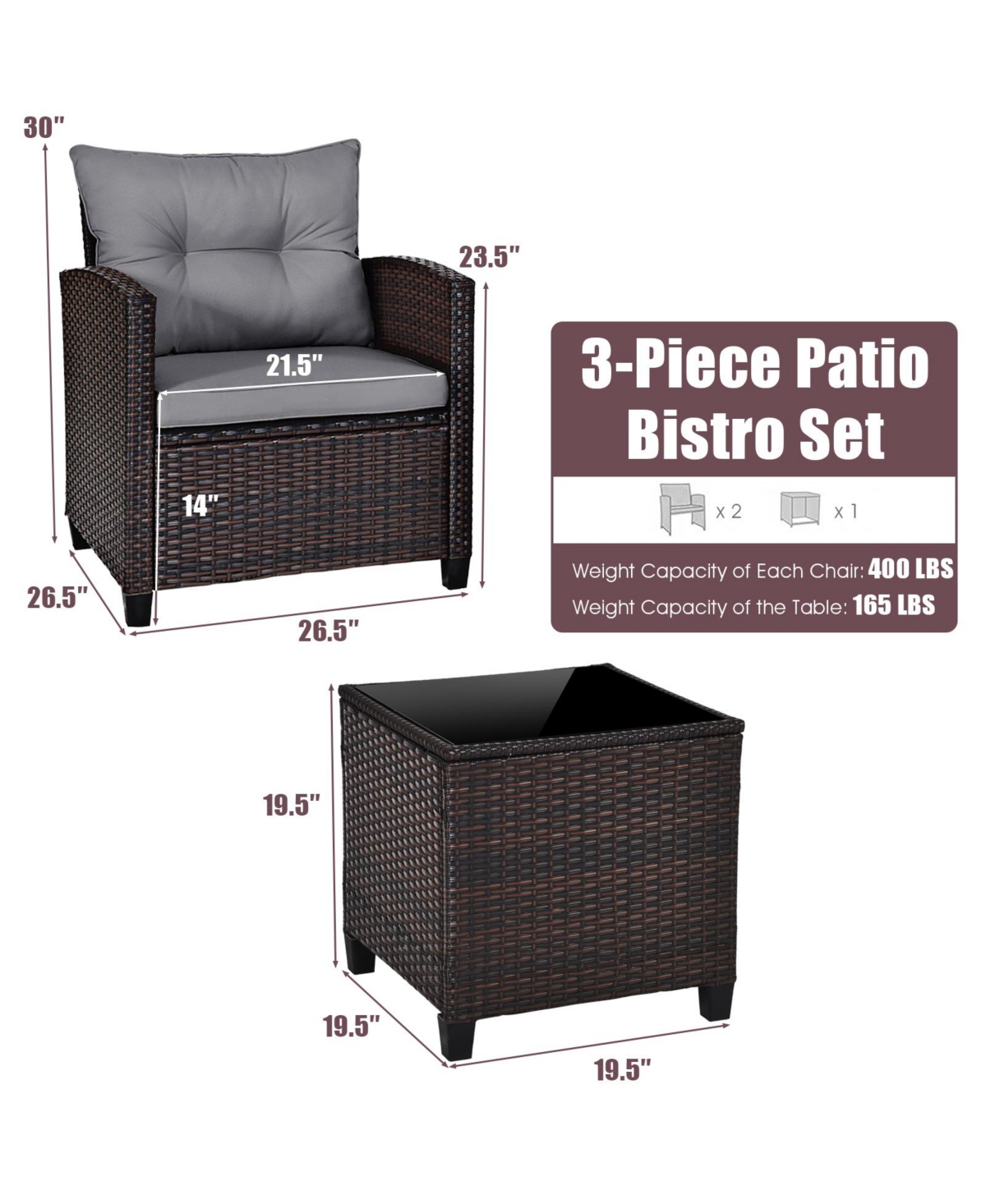 Gouun 3 Pieces Rattan Patio Furniture Set with Washable Cushion