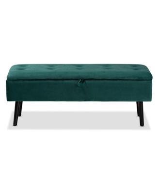 Caine Modern and Contemporary Green Velvet Fabric Upholstered and Dark Brown Finished Wood Storage Bench
