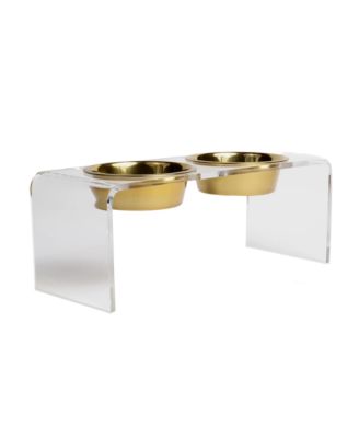 Medium Clear Double Bowl Pet Feeder, 1 Quart Gold Bowls