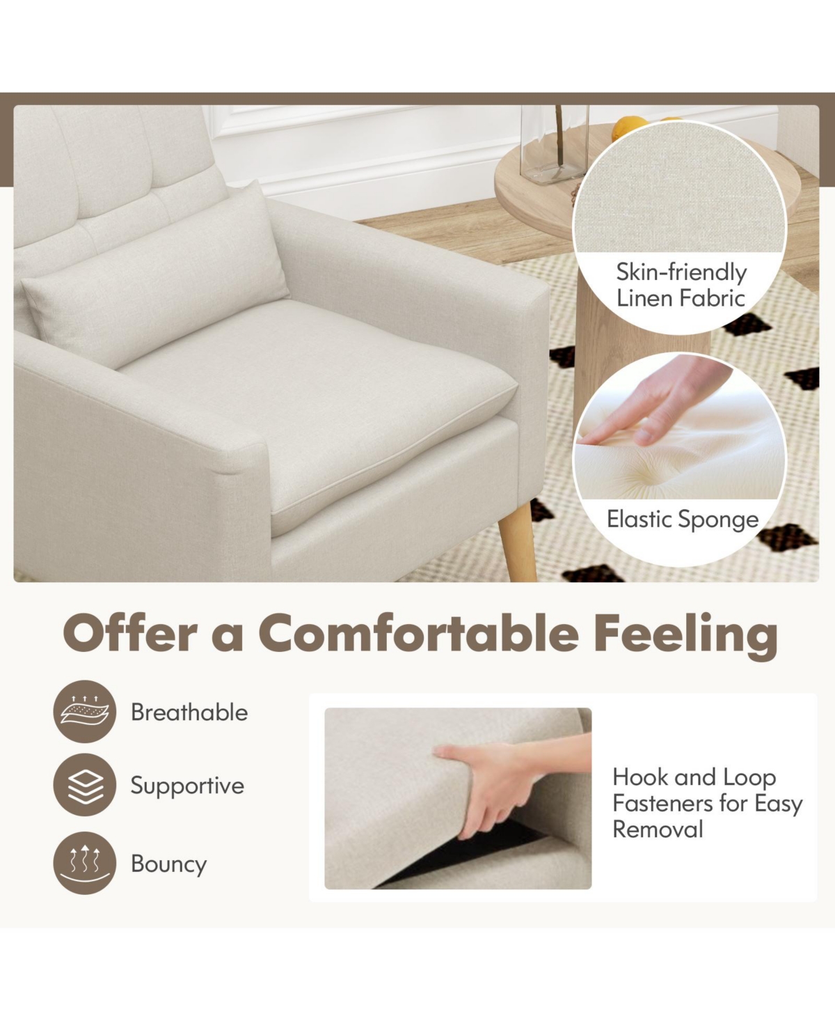 Accent Chair with Lumbar Pillow, Padded Cushions, and Rubber Wood Legs