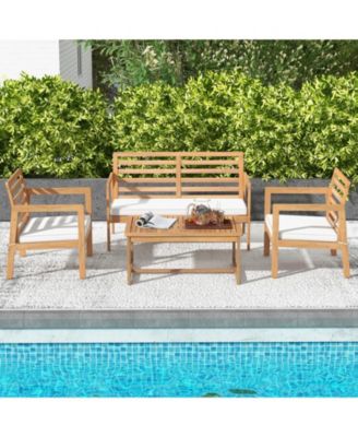 4 Piece Wood Patio Conversation Set with 2 Armchairs and Coffee Table