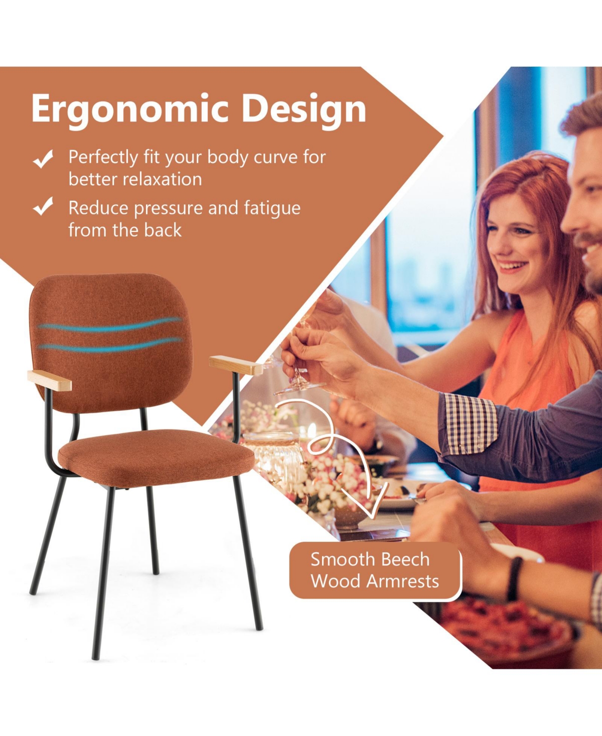 Gouun Set of 2 Modern Fabric Dining Chairs with Armrest and Curved Backrest